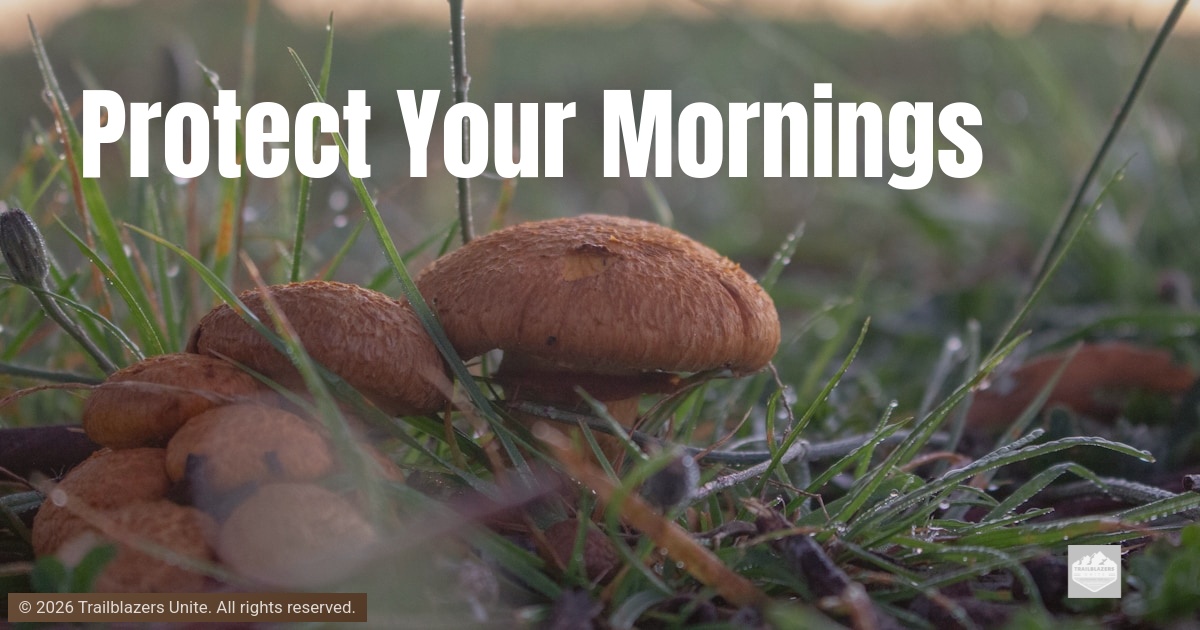 Close-up of mushrooms growing in dew-covered grass at dawn, symbolizing quiet beginnings and protected early moments.