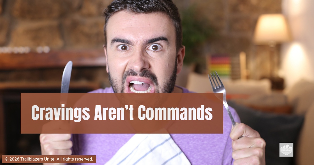 Person holding utensils with an intense expression, representing internal tension and the experience of craving without acting on it.