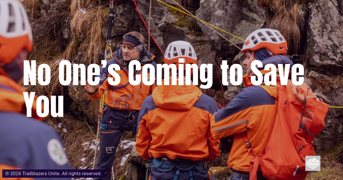 Rescue workers in outdoor gear standing together during a training scenario, symbolizing responsibility, teamwork, and self-agency.