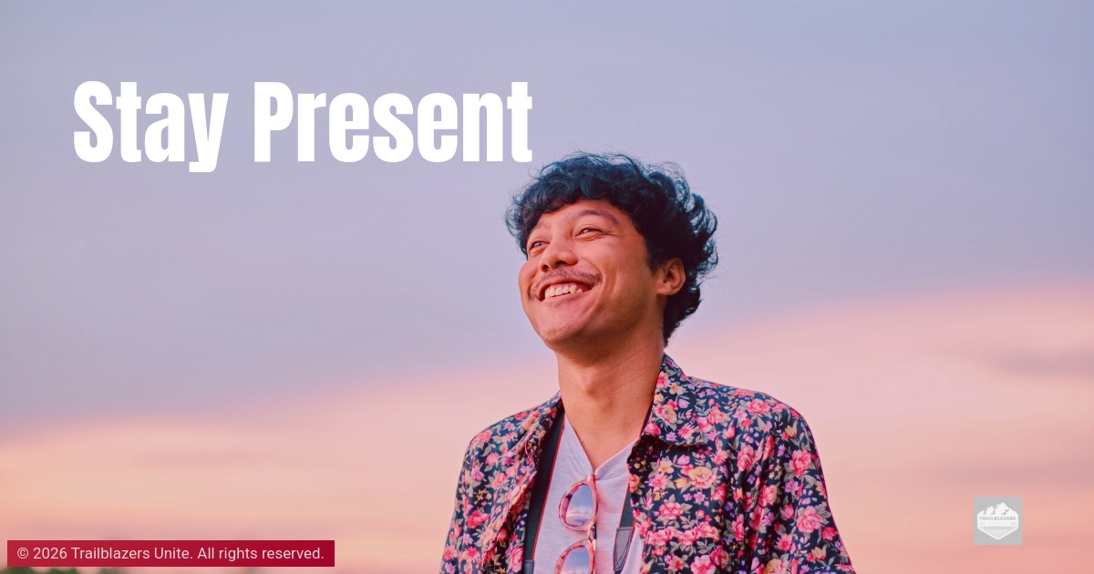 Person standing outdoors under a soft sky, smiling and looking upward, representing mindfulness and present-moment awareness.